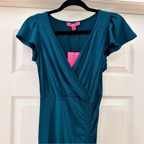 Betsey Johnson Mini Rib Flutter Sleeve Midi with Ruched Slit sz XS Blue Saphire - Picture 4 of 8